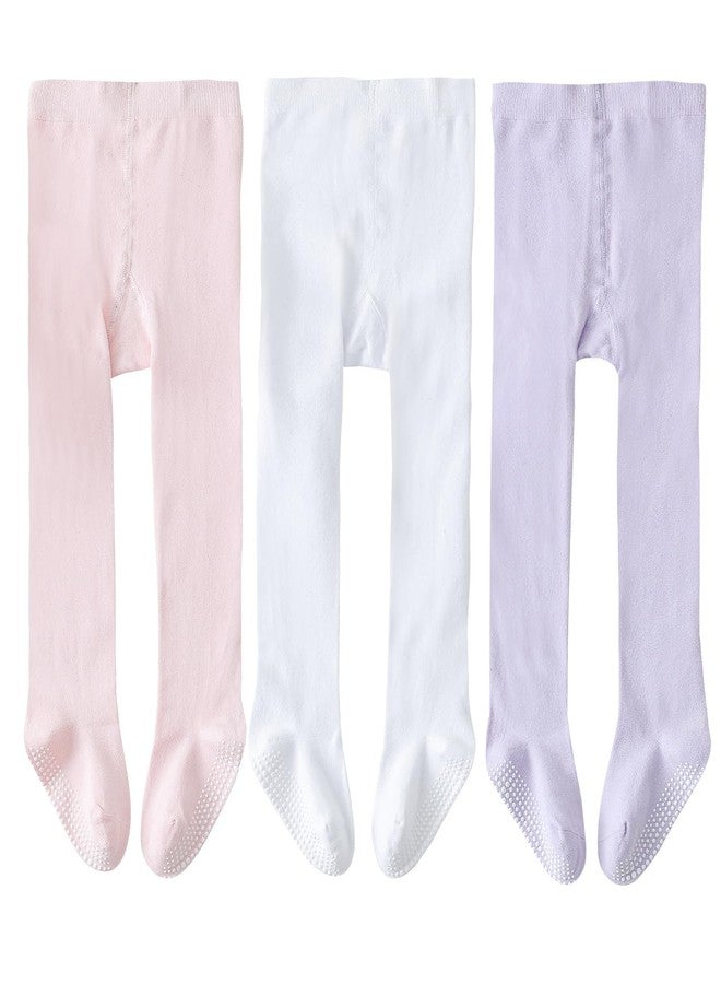 EPEIUS Toddler Girl Tights Baby Boy Seamless Non Slip/Skid Grip Leggings Cotton Stockings Footed Pants Solid Plain Tights Pantyhose for 12-24 Months,3 Pair Pack,Pink/White/Purple - Image 1